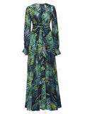 Posheme Emerald Green Plam Tree Print Sashes Deep V-neck Bohemain Maxi Dress