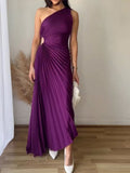 Posheme Pleated Wedding Guest Asymmetrical Cut Out One Shoulder Banquet Party Prom Maxi Dress