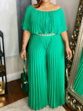 Posheme Solid Off Shoulder Pleated Plus Size Elegant Wide Leg Long Jumpsuit